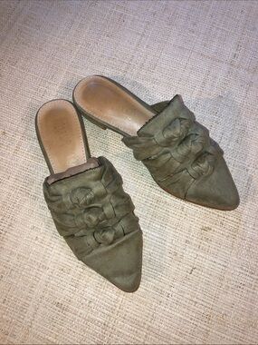 Mi.iM Olive Green Pointed Slip-On Mules with Rosette Detail